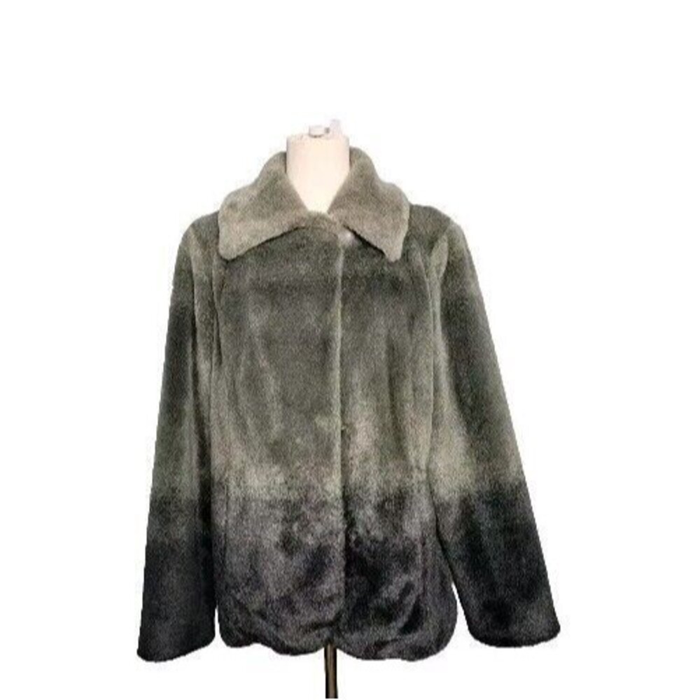 Dennis Basso Coat Sz S Faux Fur Short Collar Sage Grey Green Lined Mod 60s Vibe